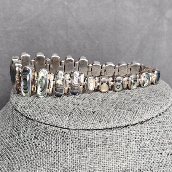 Vintage Mexico 950 Silver & Abalone Shell Link Bracelet 7.5" Signed J-13 - Picture 2 of 6
